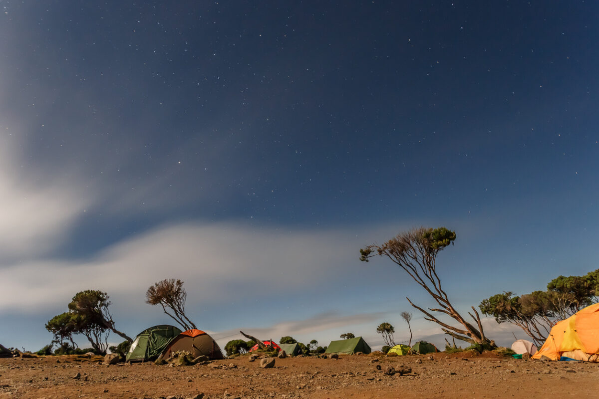 Climbing the mount Kilimanjaro, Machame route - night view over the Shira hut (3766m) campsite (Tanzania)