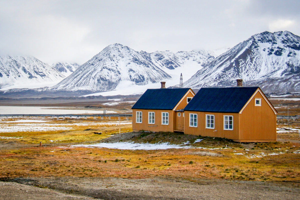 Yellow houses on yellow tundra grass with snowy mountains in the background, in Ny Alesund