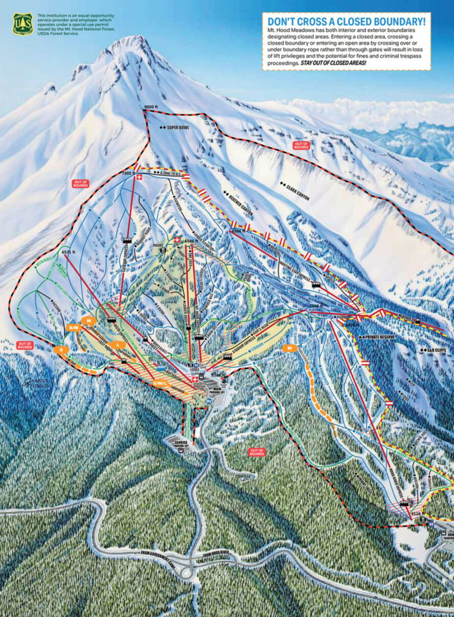 The official trail map of Mount Hood Meadows Ski Resort, illustrated by James Niehues