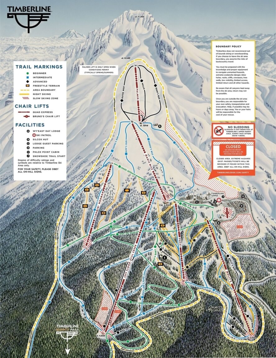 The official trail map of Timberline Lodge and Ski Area, which covers over 4,450’ of vertical skiing terrain on Mount Hood