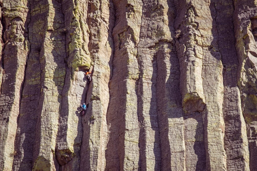 The unique columns of Devils Tower form parallel cracks and countless dihedrals, perfect for climbing