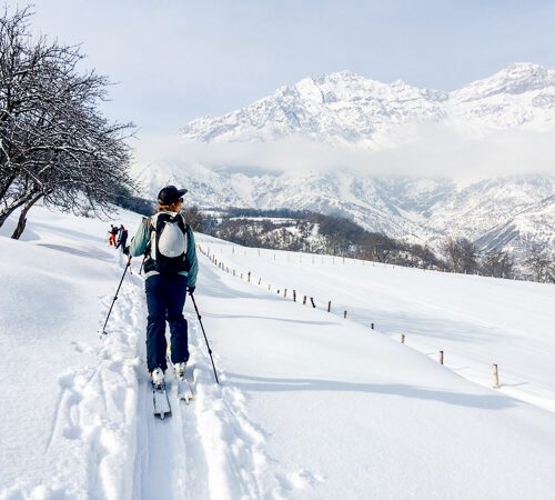 Skiers in the Kyrgyzstan backcountry