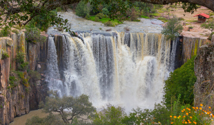 Panoramic view of a waterfall called "Cascada de la Concepcion" in the municipality of Aculco, Mexico.