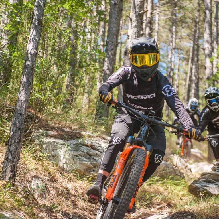 Bikers descending a route surrounded with vegetation