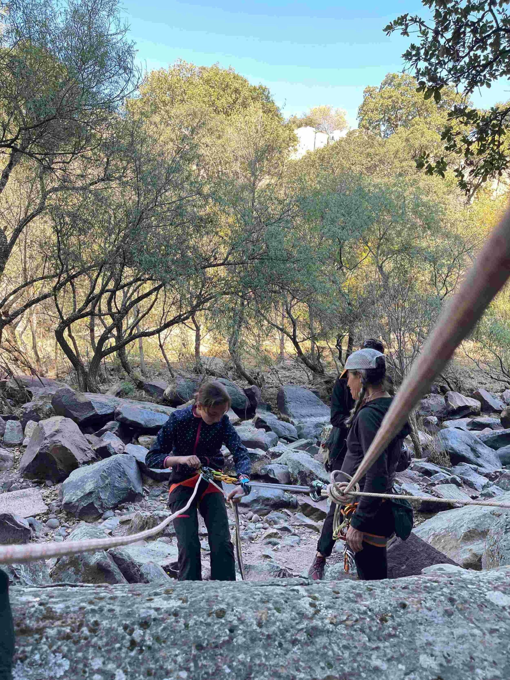 Participants learning the ropeworks for top-rope climbing