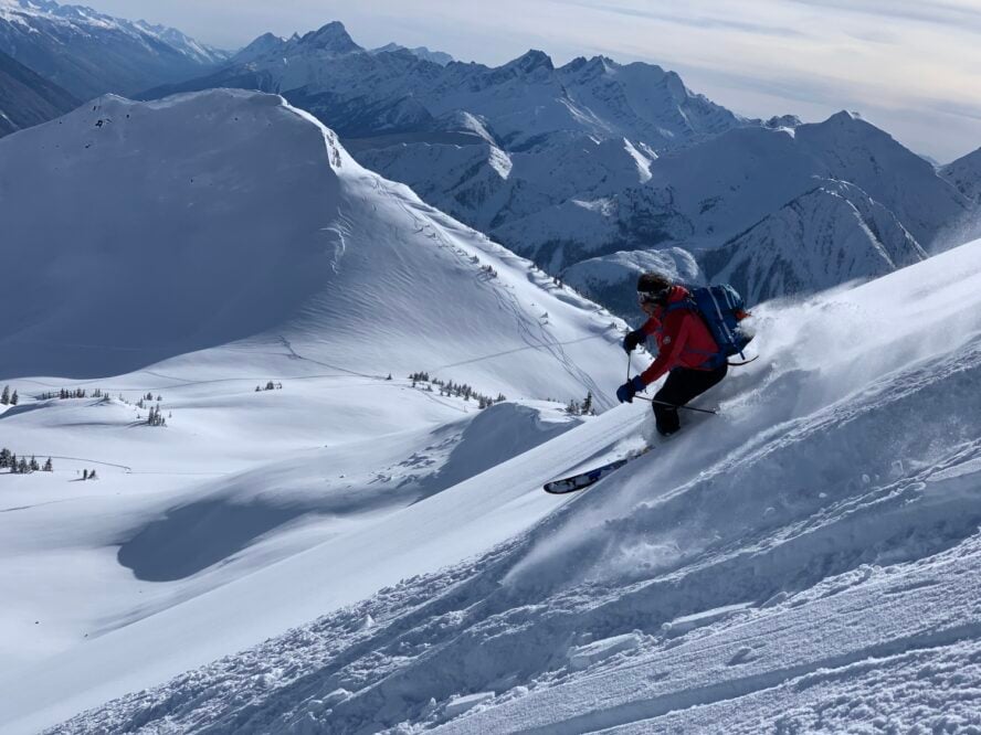  AIARE avalanche instructor, John Morrone, demonstrating his keen ability to “get the goods” above a backcountry lodge in British Columbia