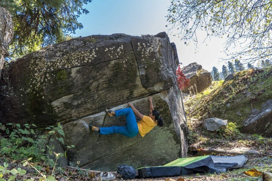 Working on a 6b line called Bleeder that starts on a slopy horizontal crack and works through a vertical crack to finish