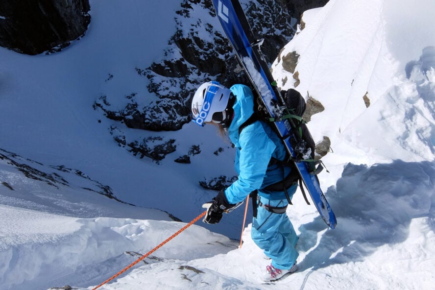  About to rappel down to the entrance of la Voûte couloir in la Grave