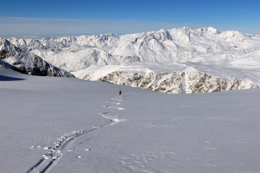 Andy Buchs, la Grave local and a good friend of mine, skiing the empty Girose glacier.