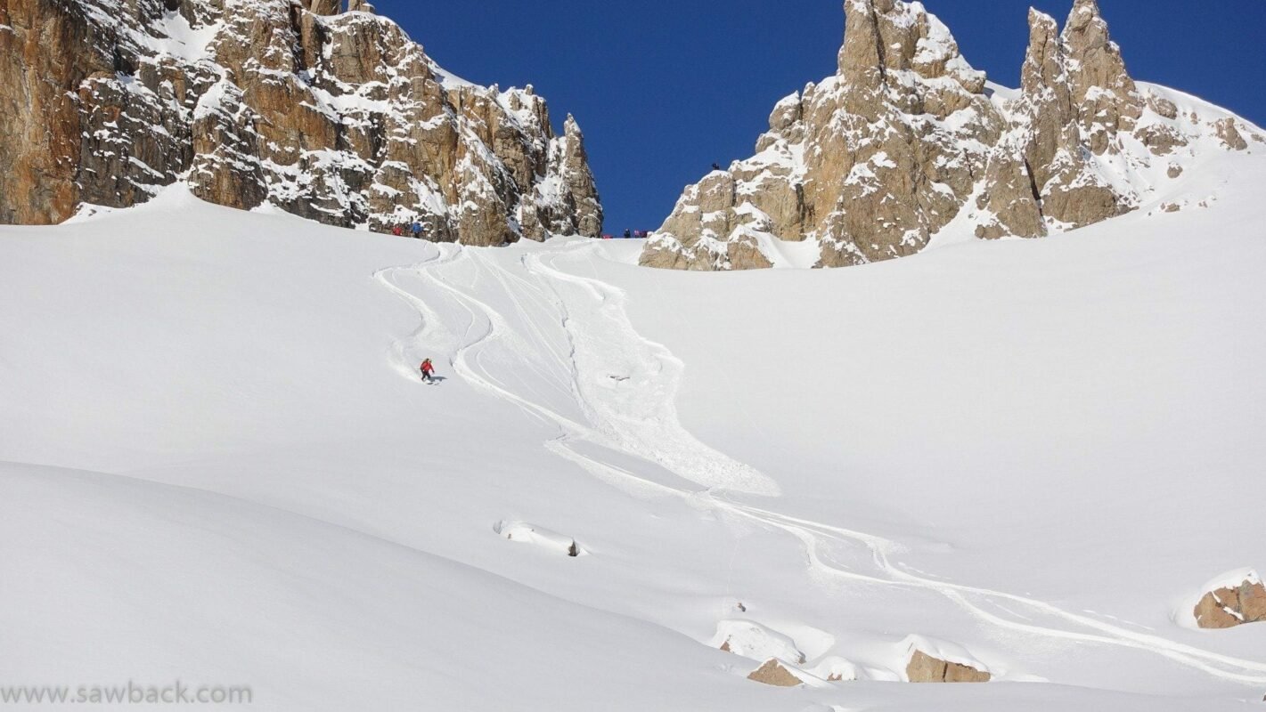 Skiing down a hill on the Bow-Yoho Traverse