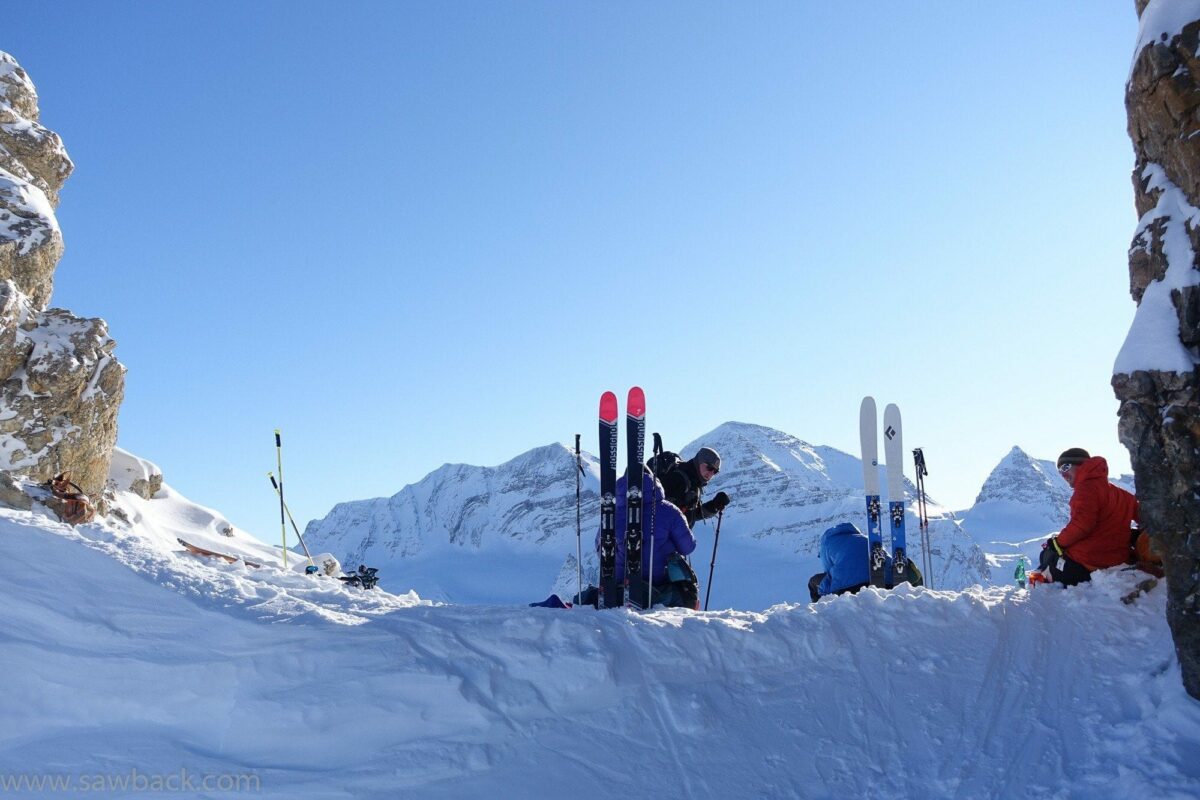 A ski tourer resting on the Bow-Yoho Traverse