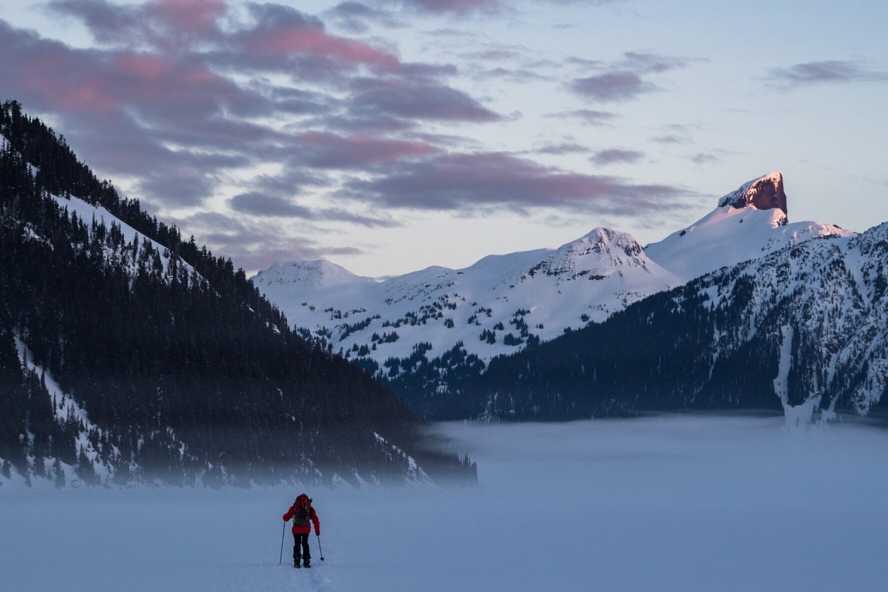 A backcountry skier in the Coast Mountains