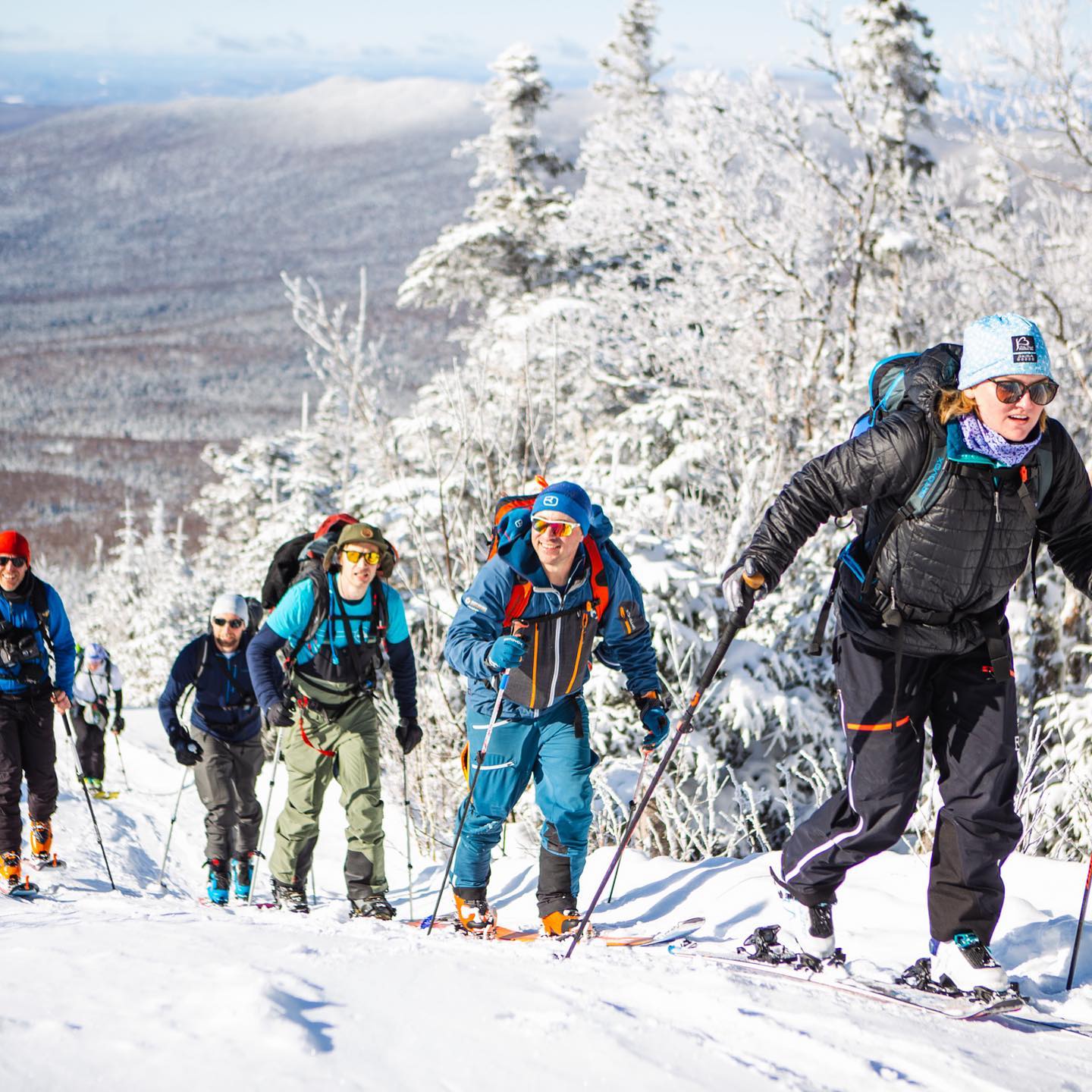 Mountaineers ascending in a line in New England
