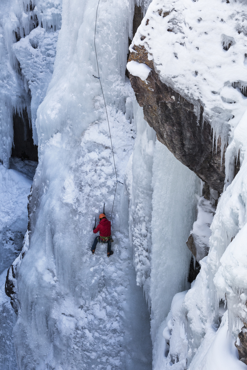 A climber on ice in Ouray