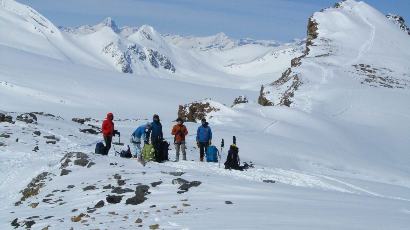 A group of tourers near a slope on the Wapta Traverse