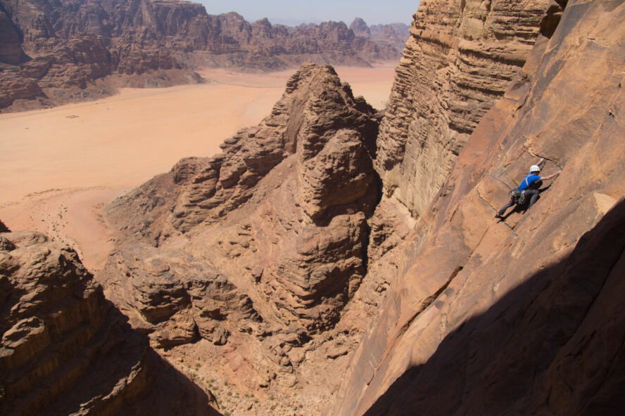 Duncan Bell climbing Rakabat Canyon, Wadi Rum, Jordan.