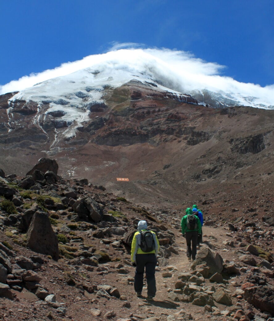 Chimborazo is situated in the Western Cordillera of Ecuador. We start our hike of the extinct volcano amid rocky fields before entering the snow and ice fields above.