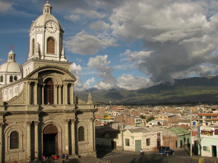 The San Pedro Cathedral looms over the town of Riobamba, Ecuador. 