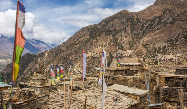 Upper Pisang village on the Annapurna Circuit Trek in the Himalayas, Nepal