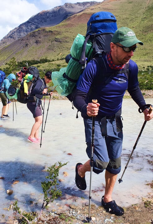 Hikers trekking in a line at the El Chalten Trek.