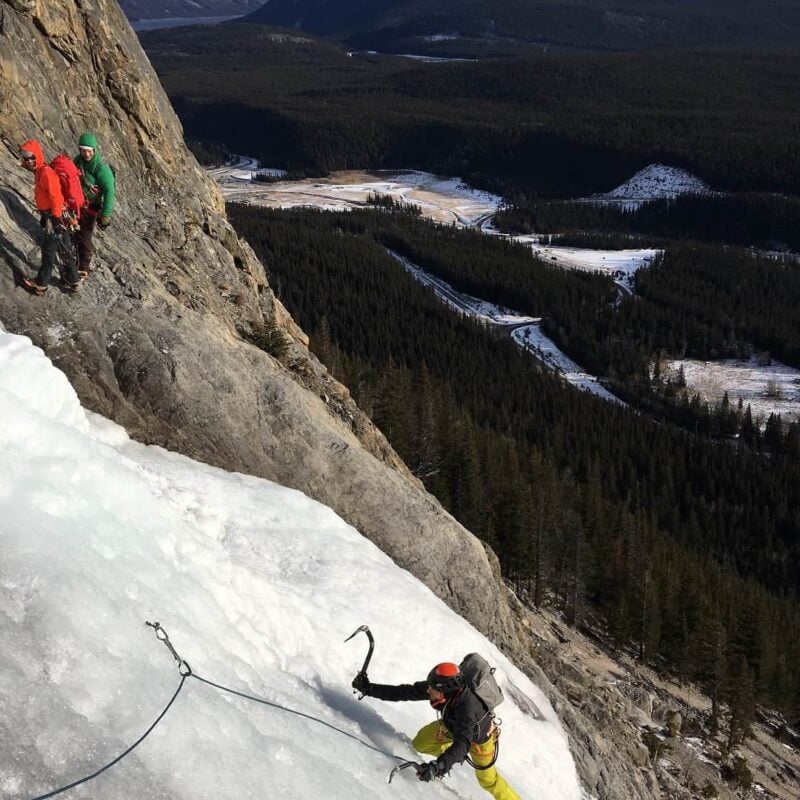 An ice climber ascending in the Canadian Rockies