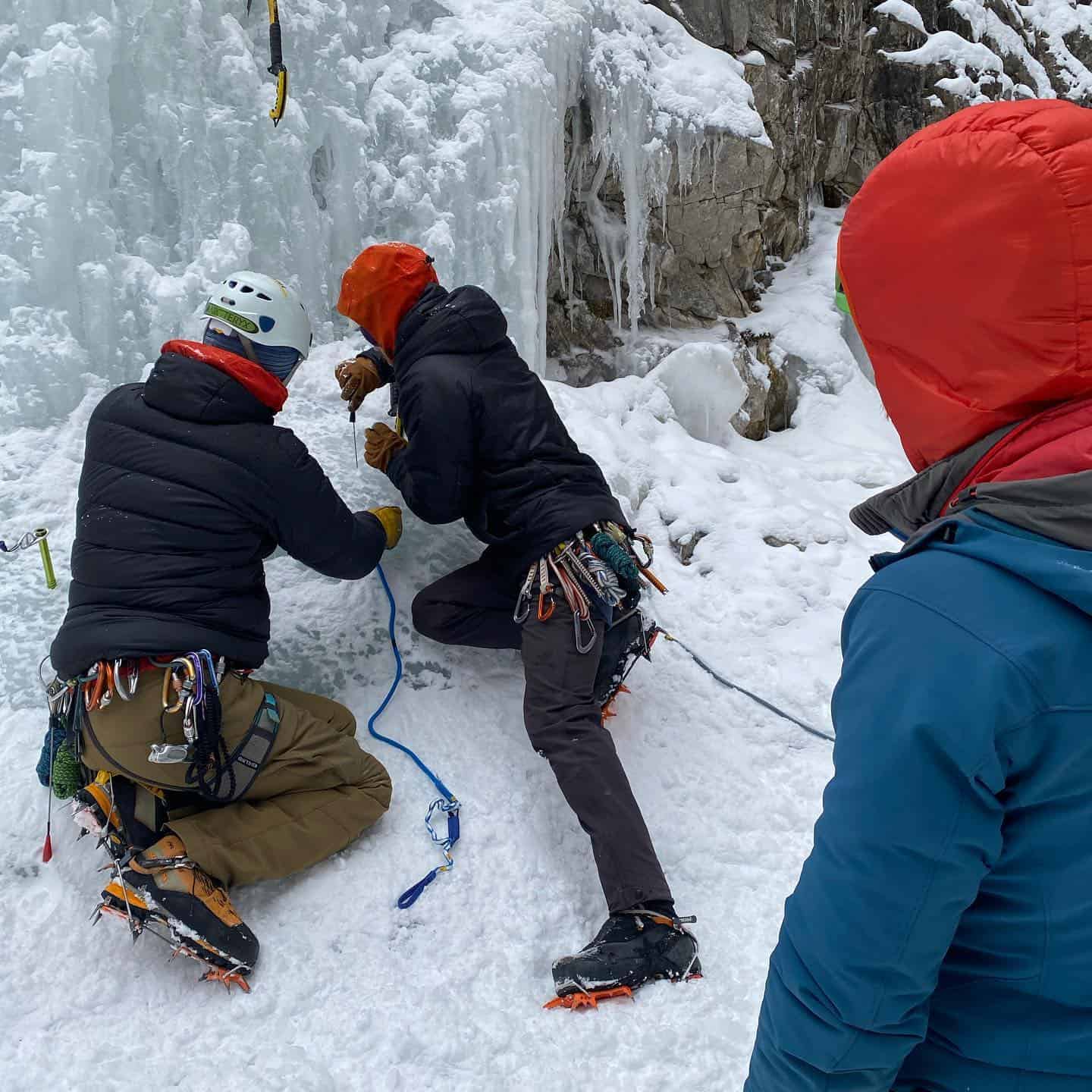 Ice climbers preparing for an ascent in the Canadian Rockies