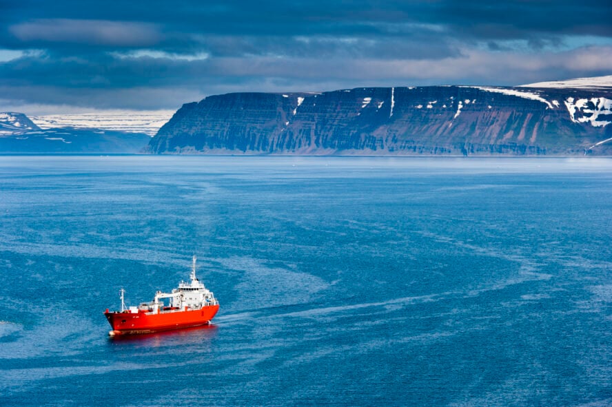 A red freight ship sailing in a vast fjord towards rugged, towering cliffs in the distance