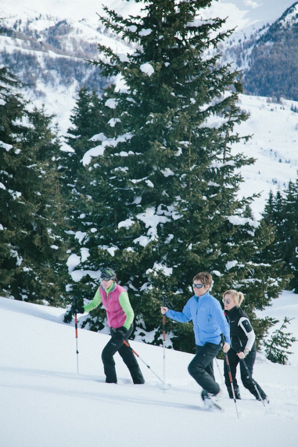Snowshoers ascending in the Dolomites