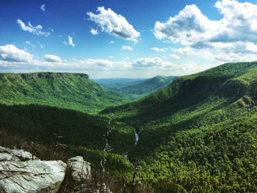 Getting Ready to rock climb in North Carolina on an approach hike in Linville Gorge. Image title: Blue-Ridge-Mountains-Linville-Gorge