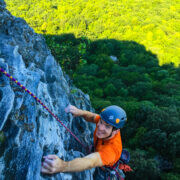 Climbing the classic North Carolina route Zoo View at Moore’s Wall.