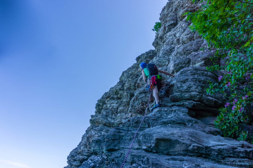 ​​A climber on the route Hopscotch at Moore’s Wall.