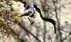 Leading Frosted Flake (5.9+) at Rumbling Bald’s Cereal Buttress.