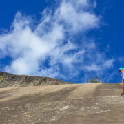 Embracing the run outs on Stone Mountain’s granite slab climbing.