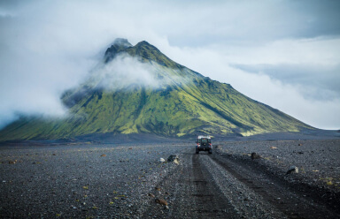 Driving on the road to Maelifell volcano.