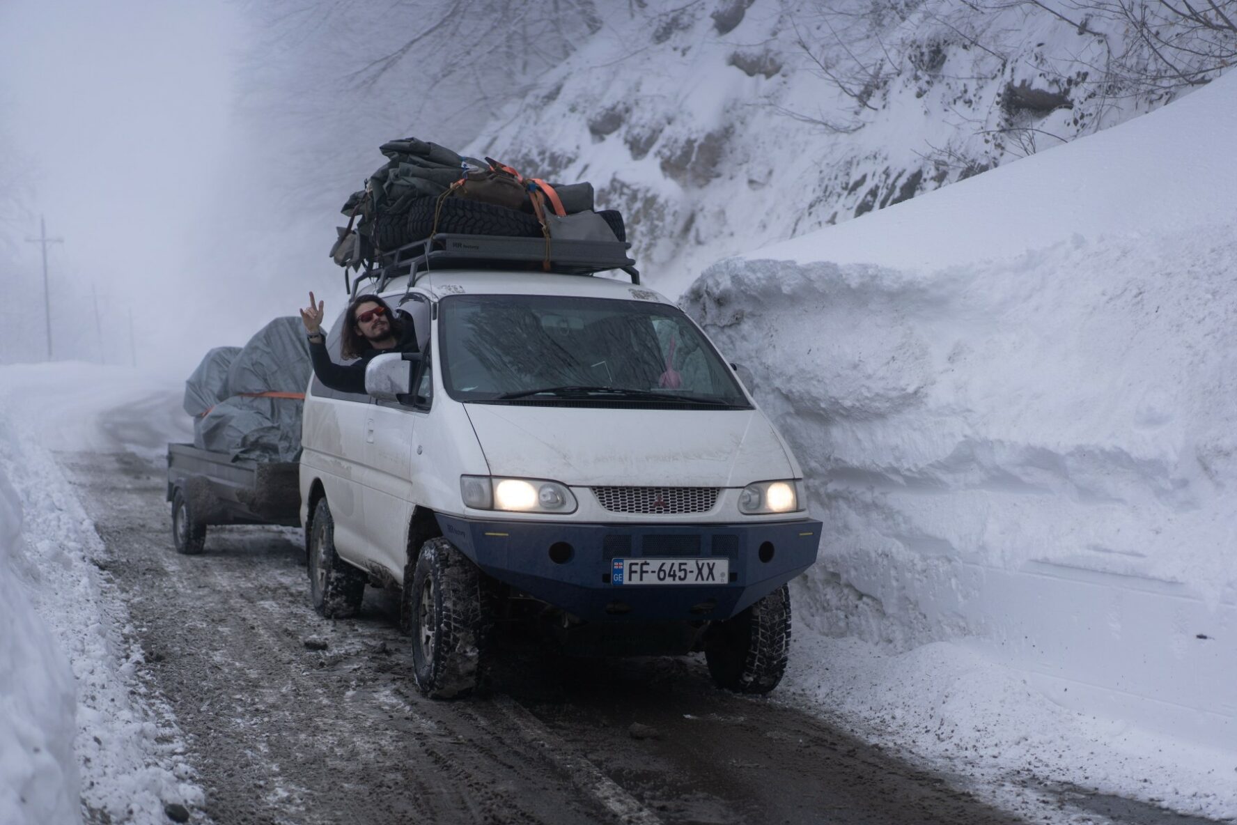 A van carrying backcountry skiers departing from the Racha region in Georgia.