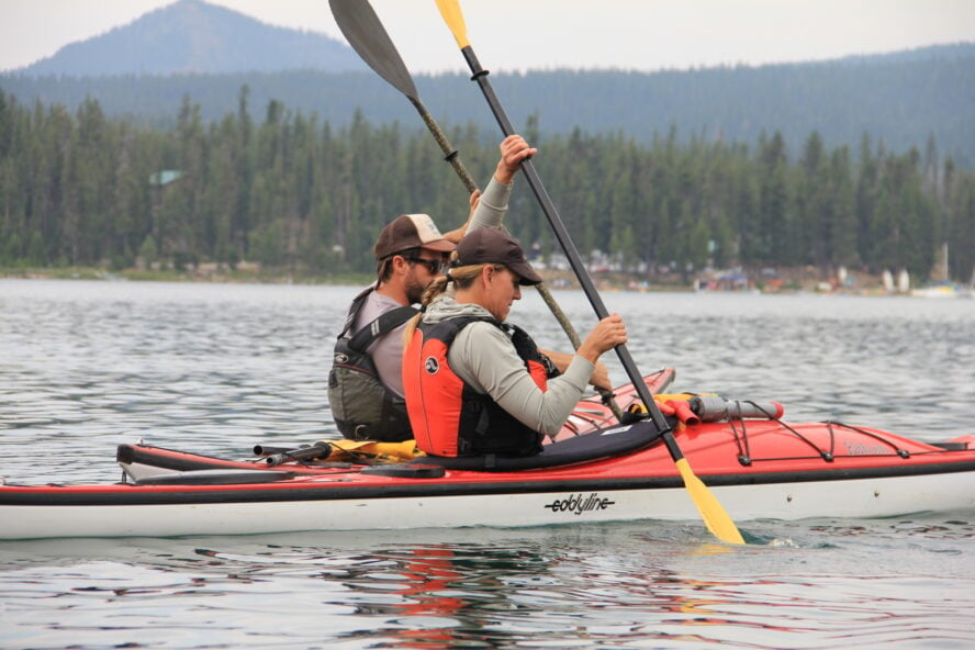 Learning how to paddle a kayak at Elk Lake in Central Oregon.