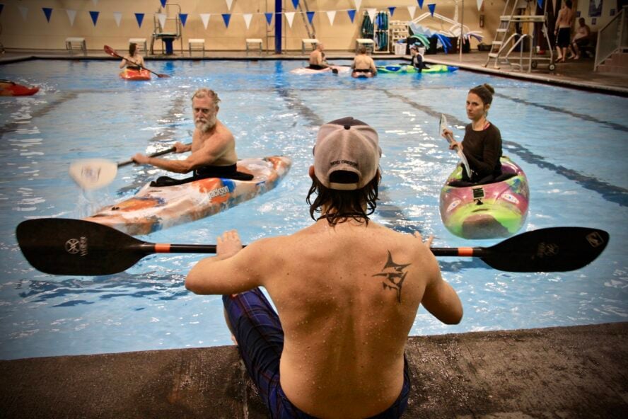 You can even kayak indoors to get started. Here we are taking a roll class in a local pool