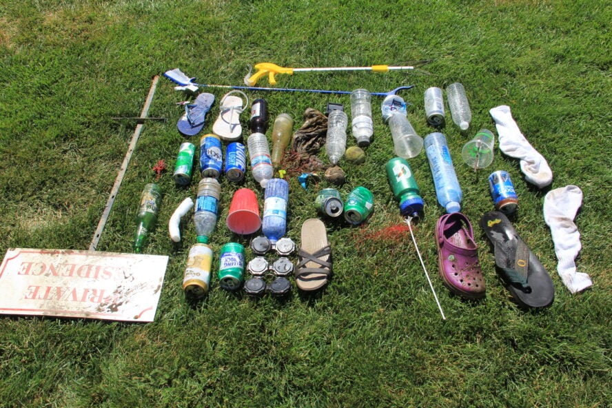 Image of river rubbish collected during the annual Deschutes River Cleanup, Bend, Oregon. 