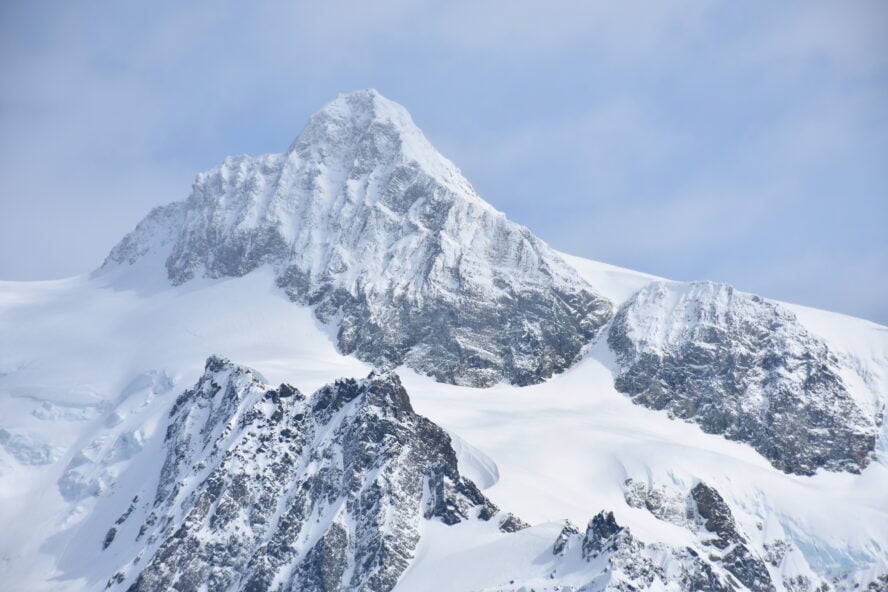 Mt. Shuksan covered in winter snow, situated at 9,131 ft above sea level in the North Cascades National Park, Washington.