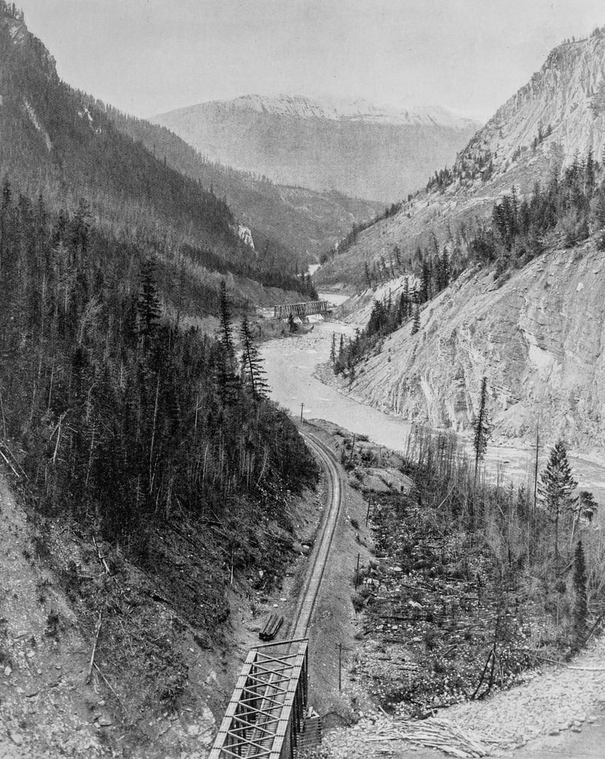 Antique black and white photo: Kicking Horse River, Canadian Pacific Railway