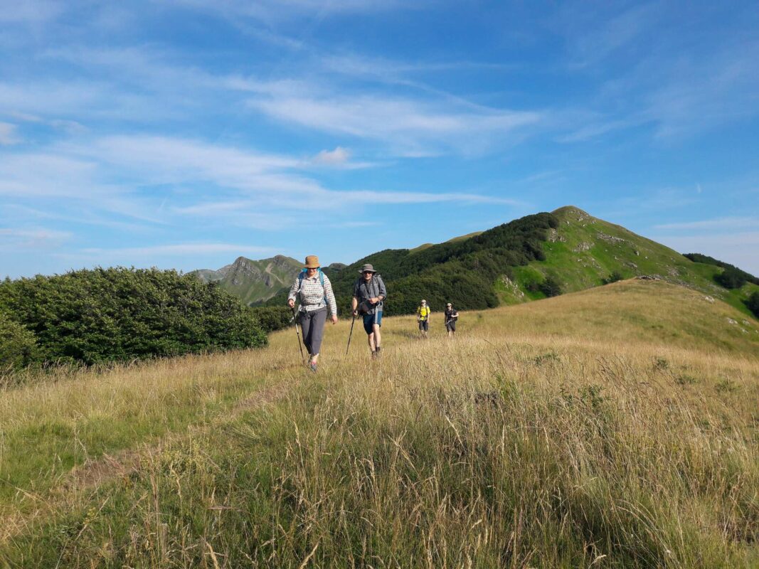 Hikers on a grassy area in Tuscany