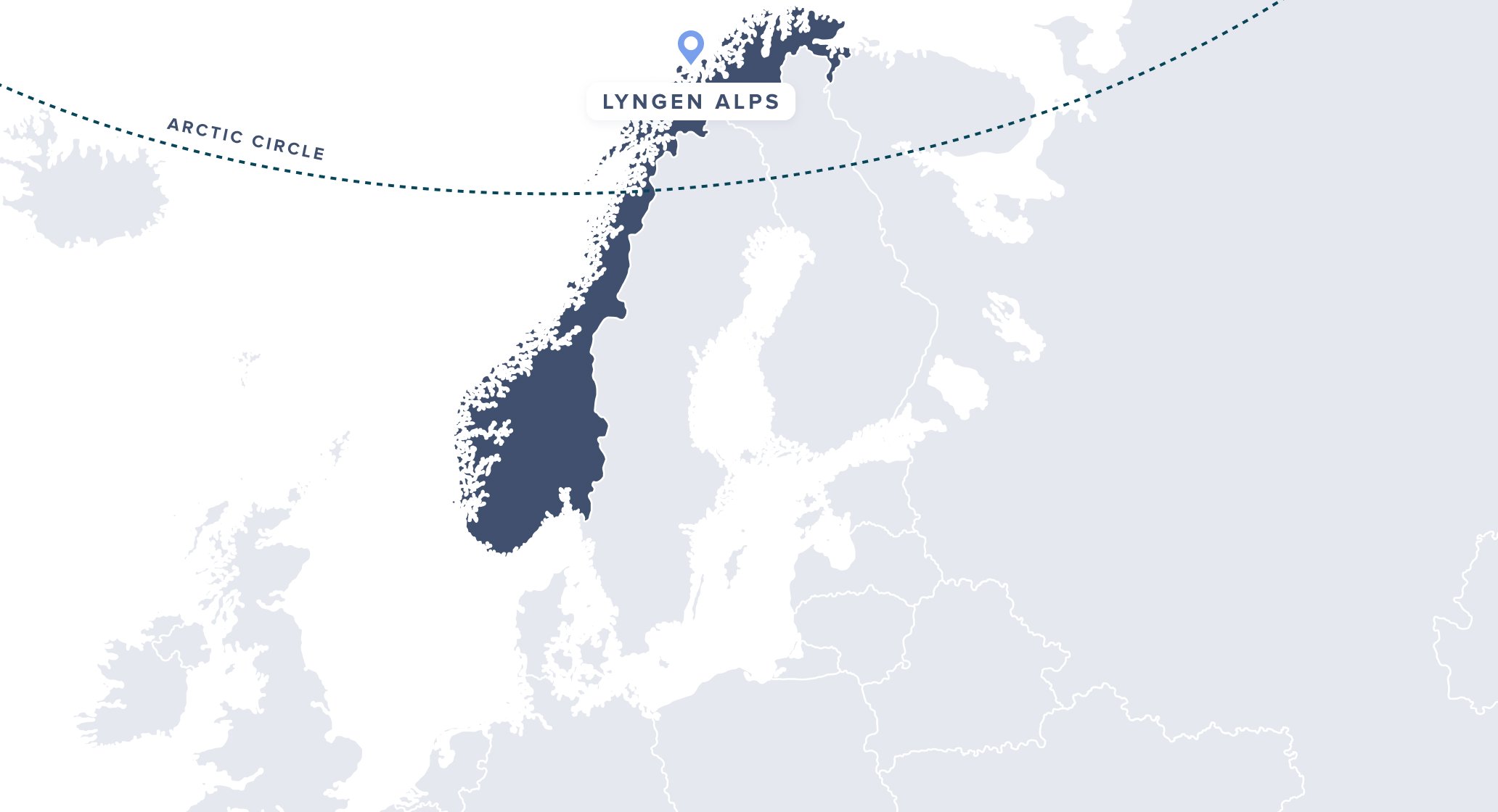 A map of Norway's location, Lyngen Alps and Arctic Circle