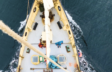 The top view of the boat taking you on this backcountry skiing and sailing adventure in Svalbard.