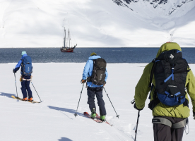 Ski touring on the snowy coast of Svalbard.