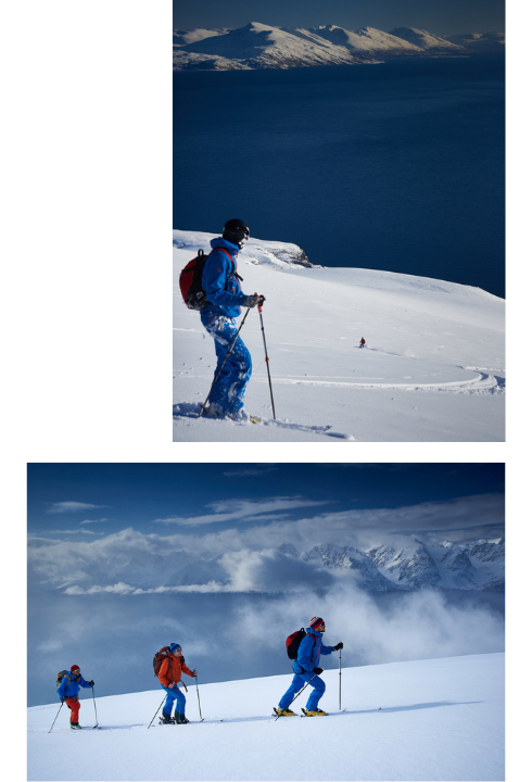 Two pictures of skiers exploring the backcountry of Lyngen Alps.