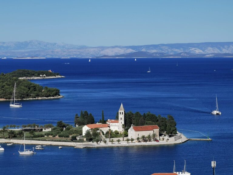 Small part of the island and a church in the middle