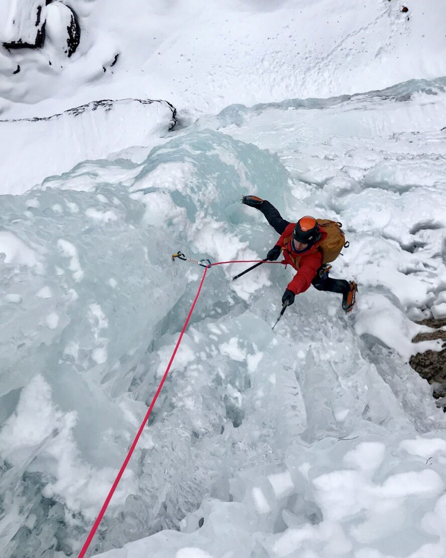 Climber on the classic Telluride, Colorado WI climb Bridalveil Falls