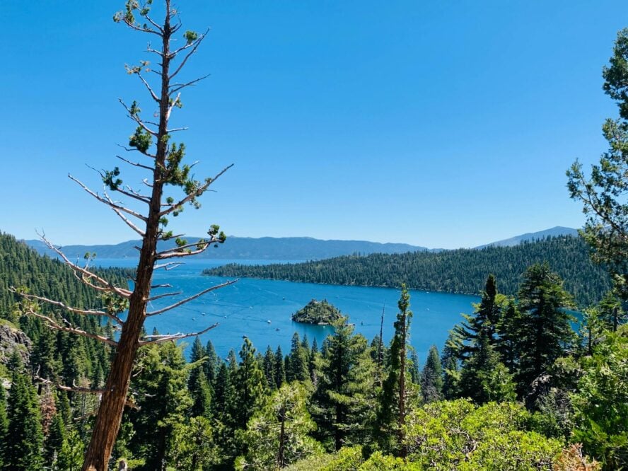 A view of Lake Tahoe from Emerald Bay Road with Fannette Island, the only island to be found in all of Lake Tahoe, in the foreground.