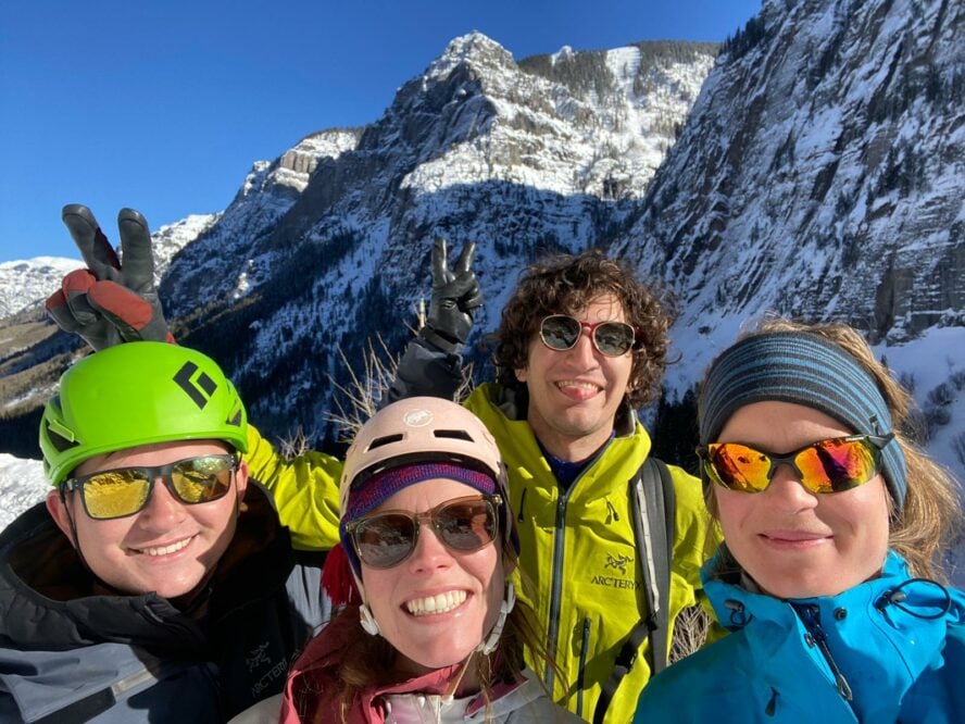 A group of ice climbers enjoying the sun on Camp Bird Road.