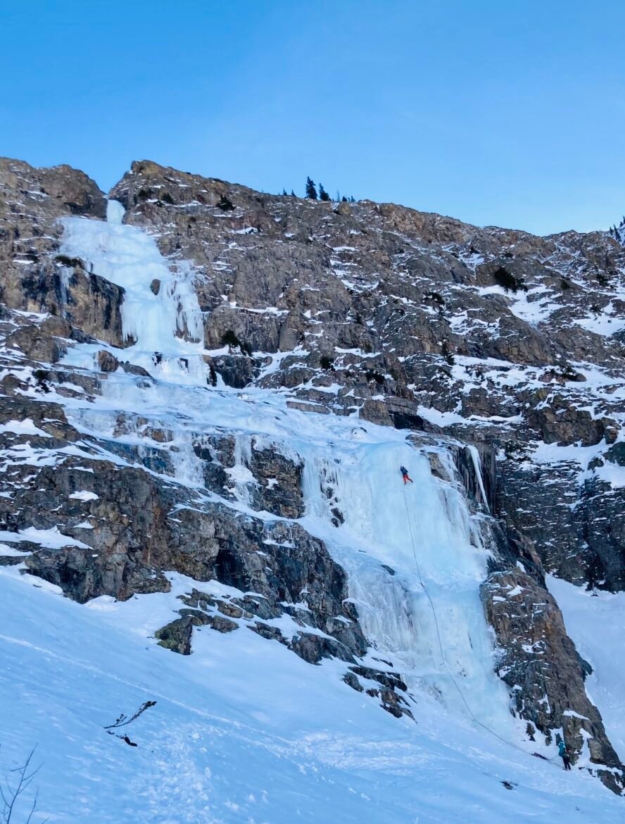 An ice climber on Stairway to Heaven (WI4, 5-7 pitches) in Silverton, Colorado